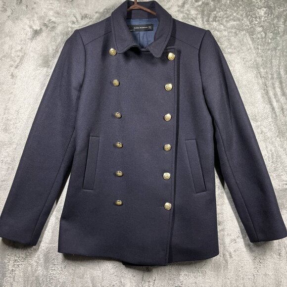 Zara Spain Coat Womens Medium Navy Double Breasted Military Styling Wool Blend - Picture 1 of 9